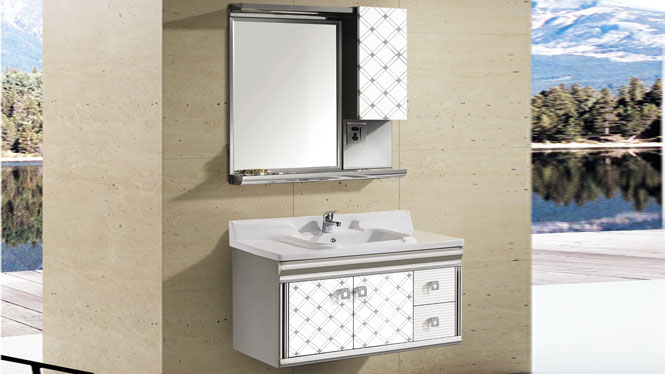 不锈钢浴室柜 挂墙式 洗脸盆 陶瓷盘镜组合T-9586 1000mm