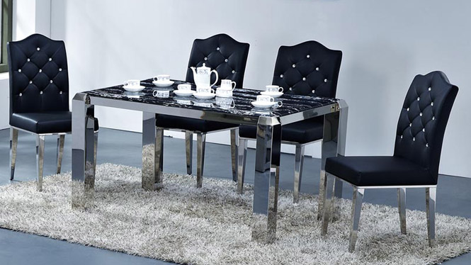 现代餐桌 欧式大理石不锈钢餐桌 新古典玻璃餐台餐桌椅组合