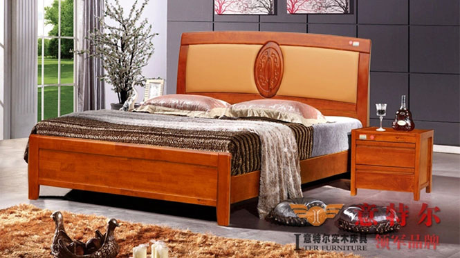 全实木橡木床中式简约现代带软靠背田园床双人床1.8米特价 6856