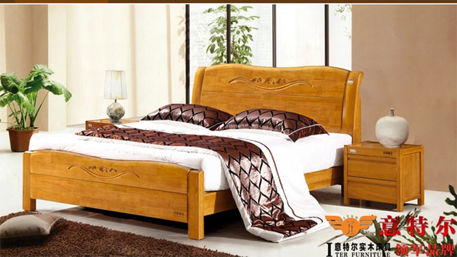 现代中式橡木床 全实木厚重双人床1.8米床头带雕花新品特价 6862