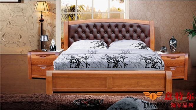 美国红橡木全实木床现代简约大气带软靠头层牛皮双人床特价 9663