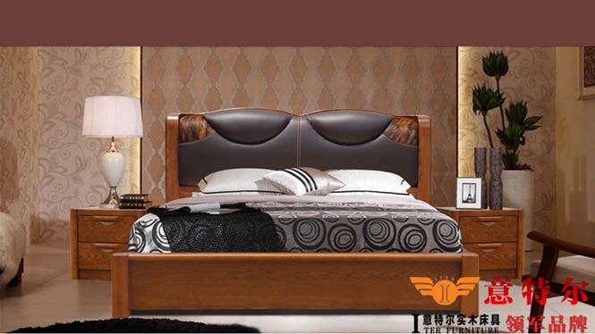 欧式简约现代红橡木全实木皮艺床1.8米软靠双人床婚床大床 9665