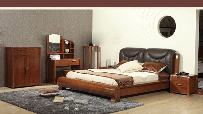 美国红橡木系列全实木床现代简约大气带软靠头层牛皮双人床 9666