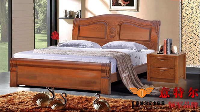 美国红橡木纯实木家具简约现代雕花床头双人床1.8米特价 9668