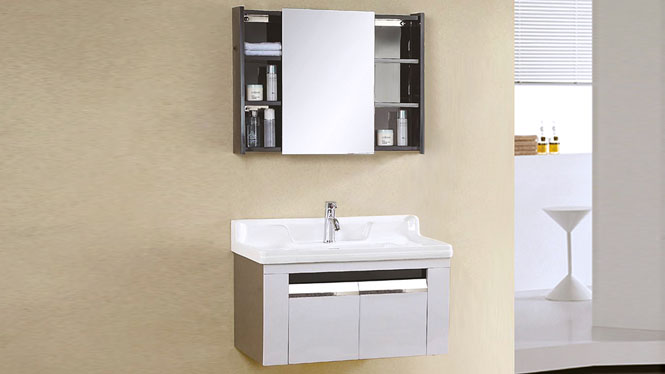 不锈钢浴室柜简约现代卫浴柜组合卫生间一体陶瓷洗手盆挂墙式吊柜 800mm YB-9103