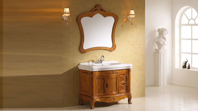 欧式浴室柜 落地橡木洗手台洗脸盆组合 实木仿古卫浴柜 950mm Y-3001