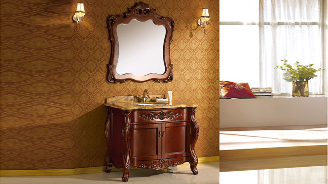 欧式浴室柜仿古浴室柜橡木落地洗脸台实木卫浴柜组合镜柜1020mm Y-3002