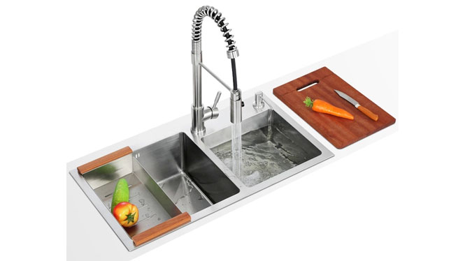 厨房水槽 纯手工双槽 304不锈钢洗菜盆 加厚面板套餐特价7842S