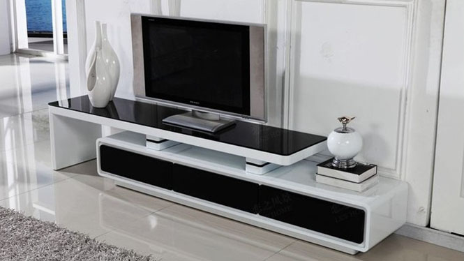 电视柜三抽屉钢琴烤漆白亮光黑色钢化玻璃可伸缩M981