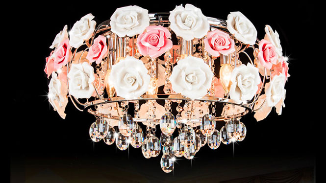 时尚现代浪漫粉白色陶瓷花水晶灯家居装饰主次卧室餐厅led吊灯具M6101