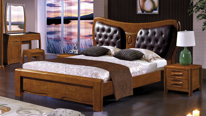 现代中式实木床1.8米双人床中式高箱储物橡木大床家具2621#