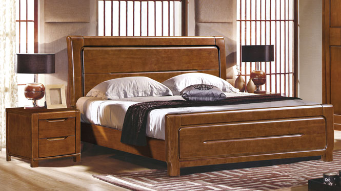 简约中式1.8米双人床卧室实木家具橡木床实木床箱体床2615#
