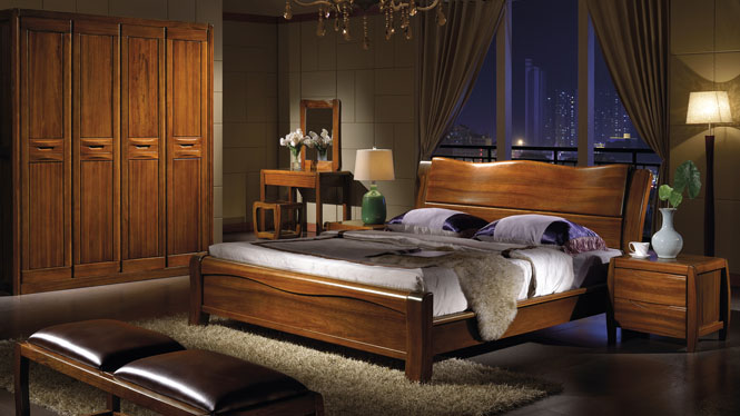 现代中式实木床橡木床 1.8 双人床 床头婚床 卧室家W-3609#