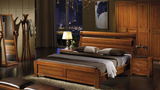现代中式实木床1.8米双人床中式高箱储物橡木大床家具W-305#