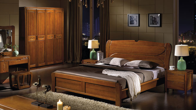 实木床橡木床1.8米 简约现代中式床 高箱储物婚床双人床 实木床W-3608#