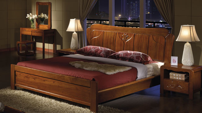 双人实木床橡木床婚床1.8米简约现代中式高箱储物床特价家具W-3607#