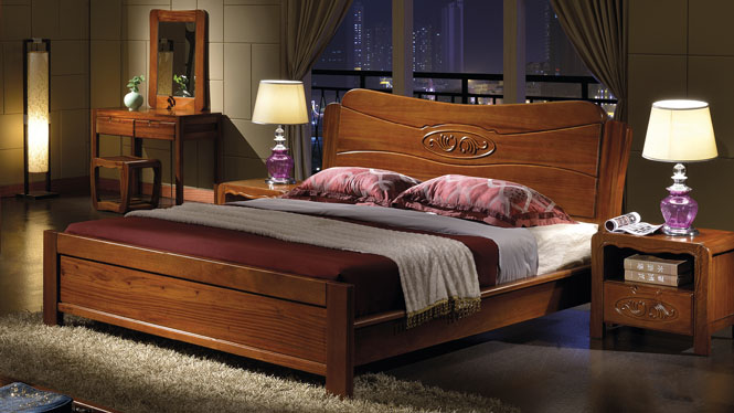 床 实木床 现代中式全实木床 卧室1.5米双人橡木床婚床高箱储物床W-302#