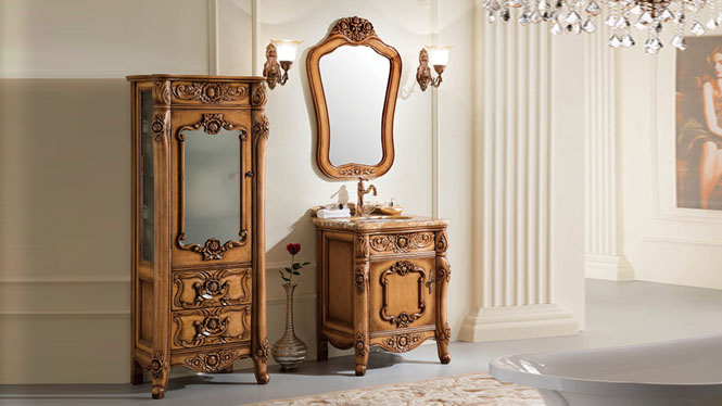 欧式浴室柜橡木美式洗脸盆仿古实木浴室柜落地洗手台浴室镜柜组合650mm A8205