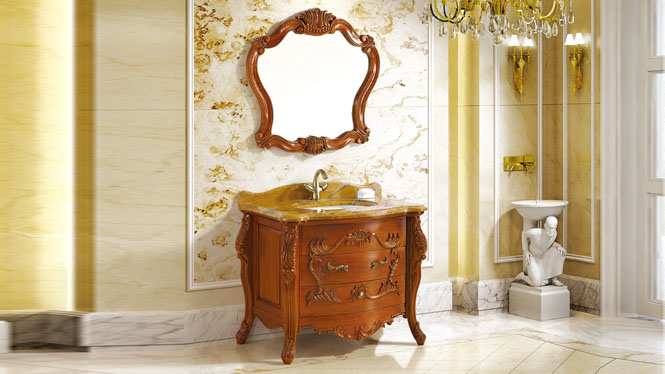 欧式浴室柜落地式镜柜洗脸盆柜组合仿古雕花浴室柜实木卫浴1030mm A8042