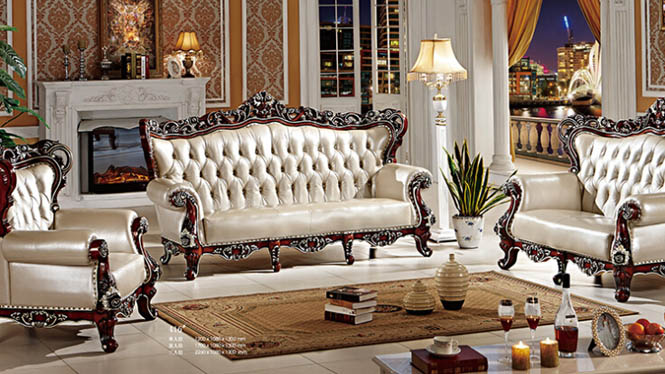 欧式古典客厅真皮沙发 法式奢华客厅沙发组合 实木贵妃沙发416#