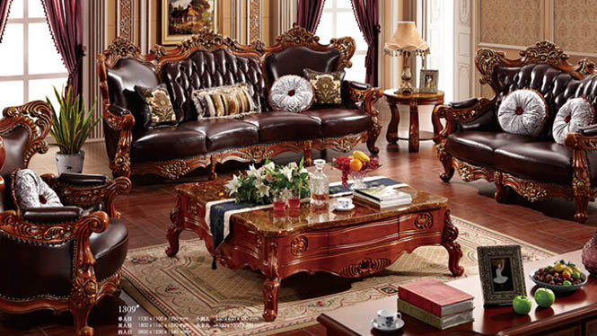 欧式真皮办公沙发 深色雕花实木沙发 进口头层牛皮沙发1309#