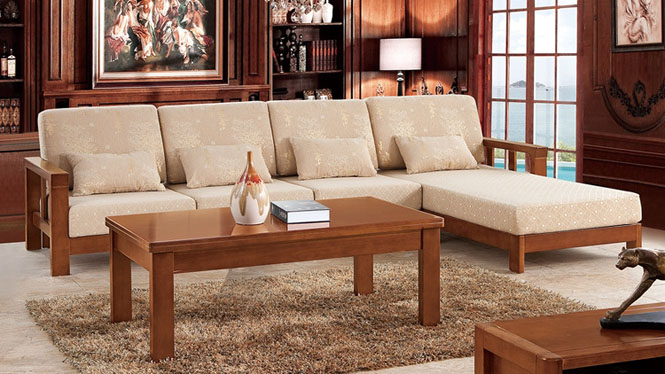 现代新中式全实木沙发 木配布L型转角沙发茶几组合 仿古实木沙发F9805