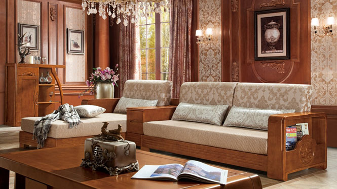 全实木布沙发 客厅转角茶几组合 橡木木质布艺沙发活动款F8003